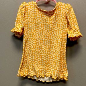 Lilly Blue- Elegant girls yellow gold floral shirt size 7/8.
